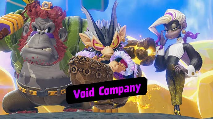 Donkey Kong Bananza Screenshot Direct mostrando a antagonistas da empresa Void de três macacos malignos no estilo de desenho animado