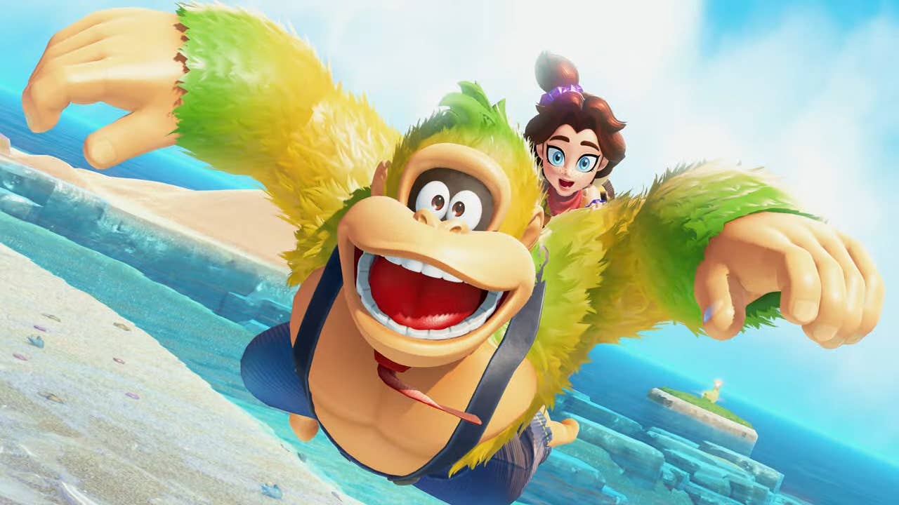 Donkey Kong Bananza Direct screenshot showing yellow Donkey Kong the gorilla with small girl riding on his back