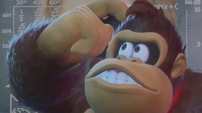 Donkey Kong scratches his head in a thoughtful way while overlayed over the confused thinking meme