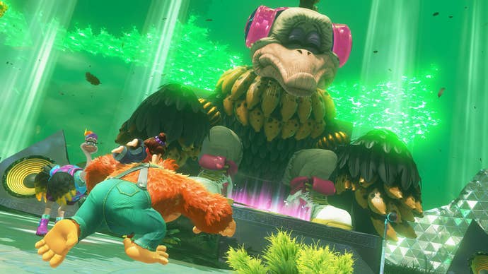 Donkey Kong races towards a giant bird-like enemy