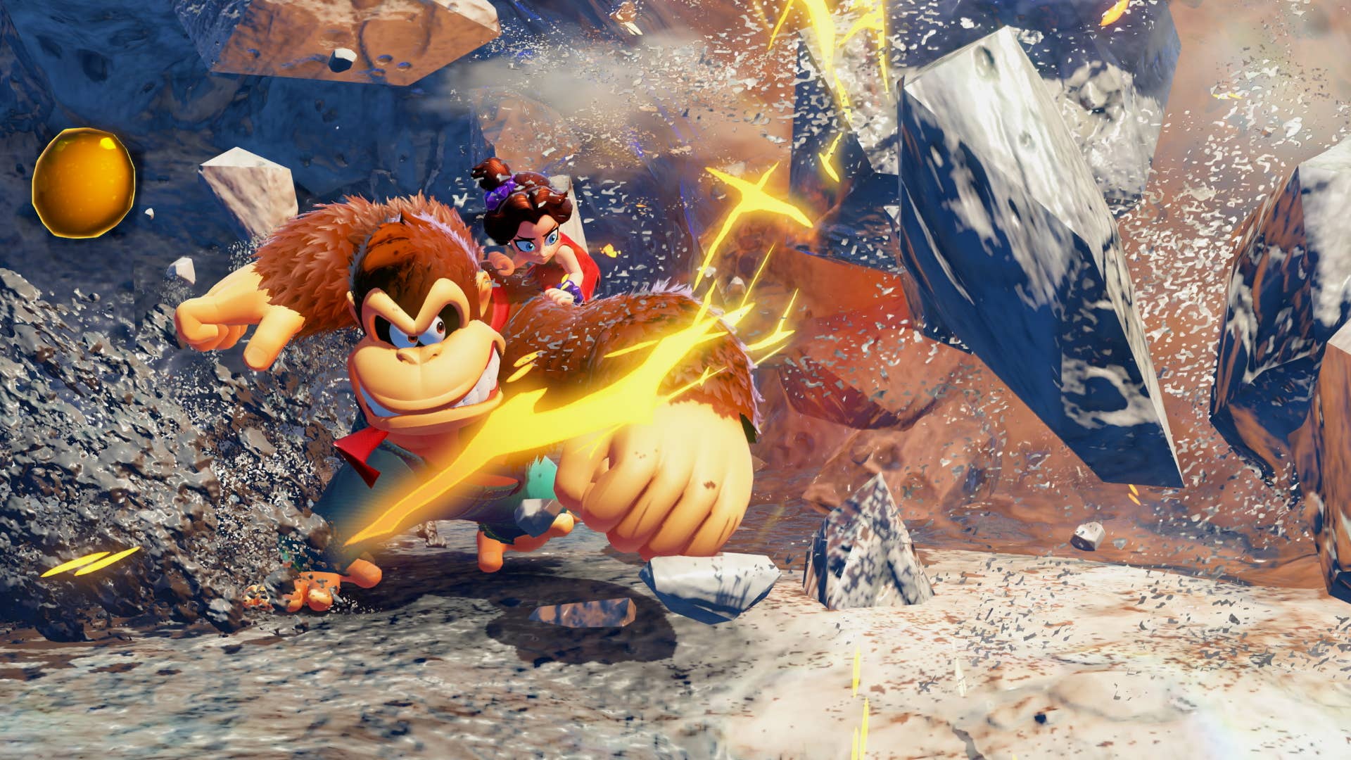 Donkey Kong punching with Pauline on his back