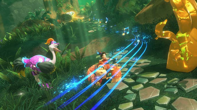 Donkey Kong and Pauline stand next to a pink ostrich while musical notes glide by