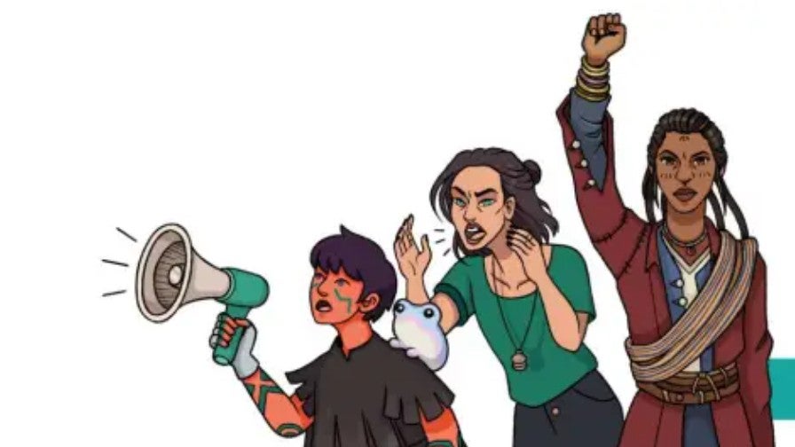 Don't Nod strike image showing characters with a megaphone and raised arms