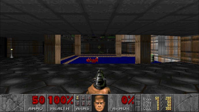 The opening vista of Doom 1993’s opening hangar level