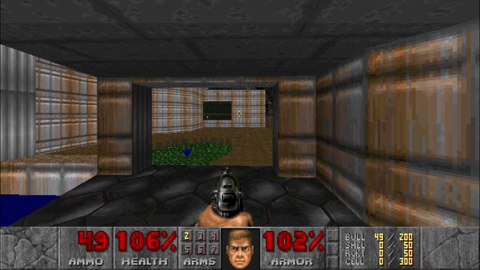 A hole in the wall appears in the first level of Doom 1993
