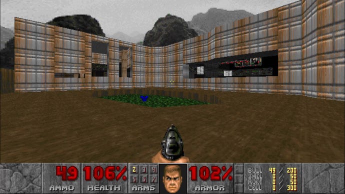 The outside of a hangar facility in Doom 1993