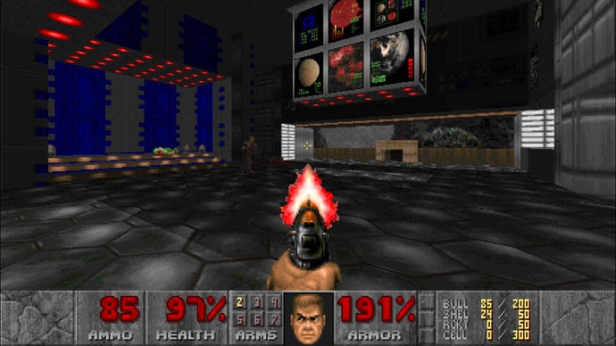 The player shoots two zombiemen in Doom 1993