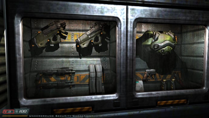 Guns and armour are locked behind glass in Doom 3