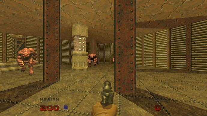 Three pinkys emerge in a yellow room in Doom 64