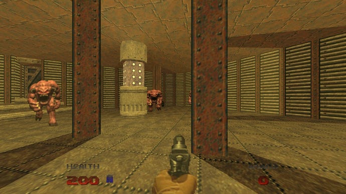 Three pinkys emerge in a yellow room in Doom 64