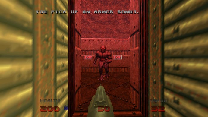 A lone imp stands in front of the exit switch in Doom 64