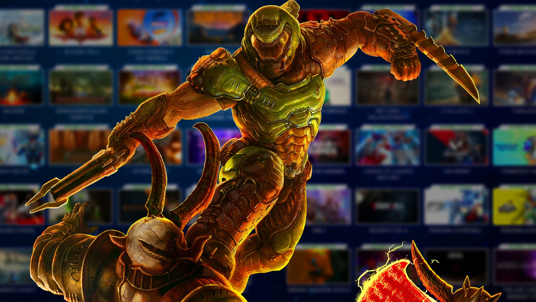 Doom Guy fighting a demon super imposed over a blurred image of various game posters. - 1
