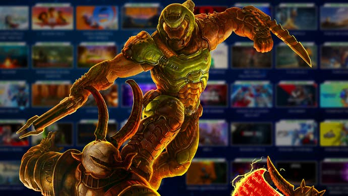 Doom Guy fighting a demon super imposed over a blurred image of various game posters.