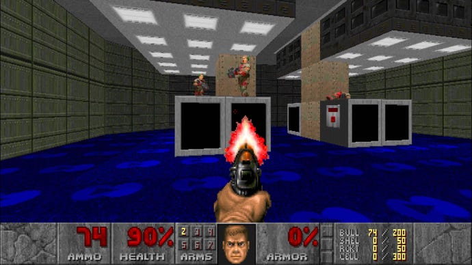 The player shoots several zombiemen on ledges in Doom II