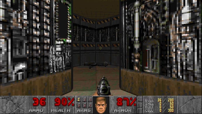 A wall opens to reveal the rocket launcher in the first level of Doom II