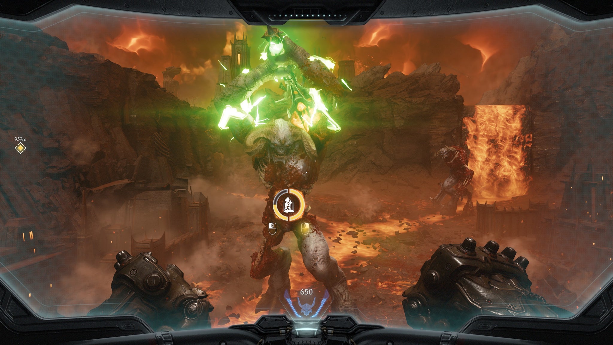 A demonic Titan primes a sword swing in Doom: The Dark Ages, with path tracing enabled. - 7