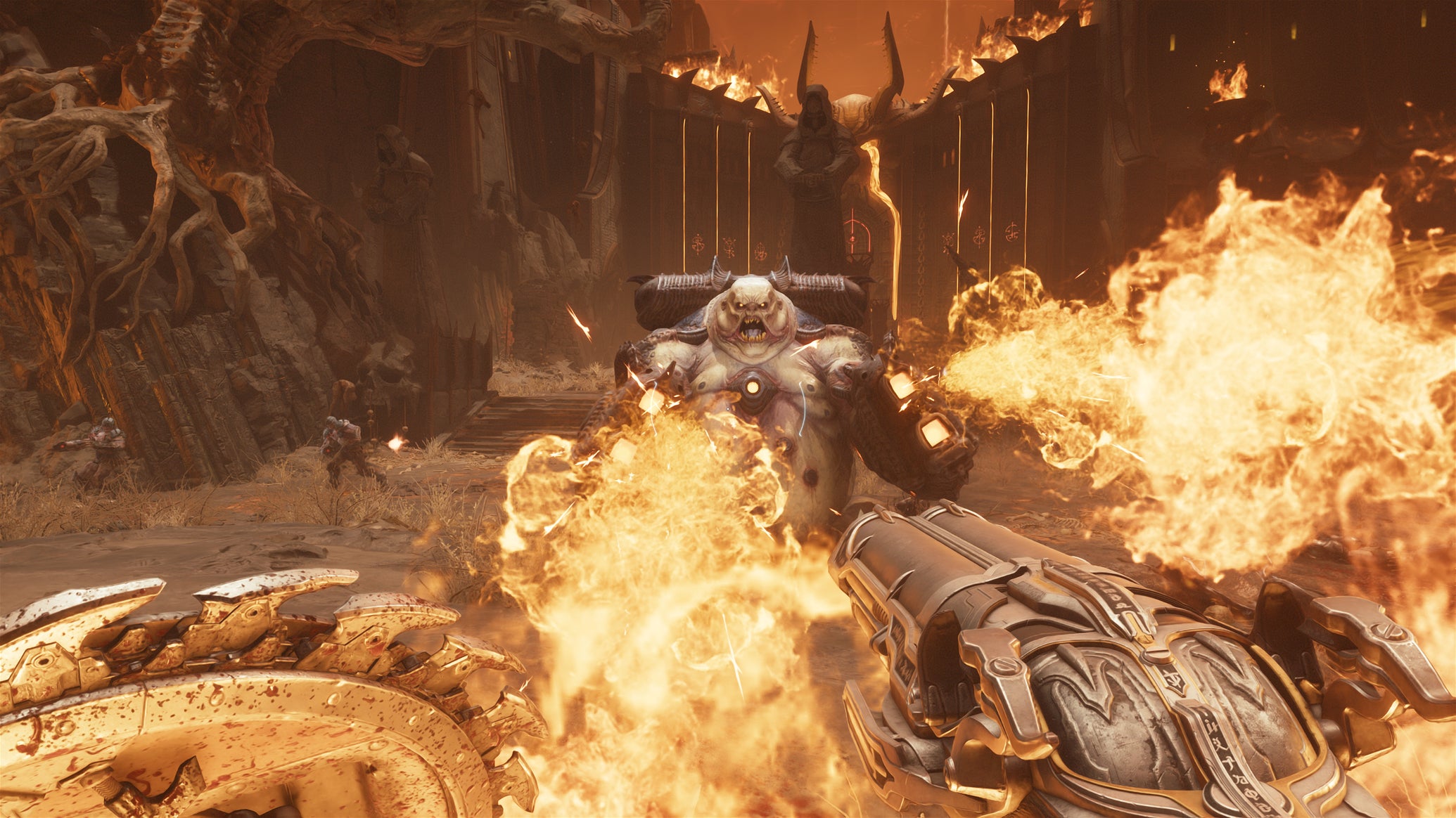 A demon fires flamethrowers at the player in Doom: The Dark Ages, with path tracing enabled. - 1