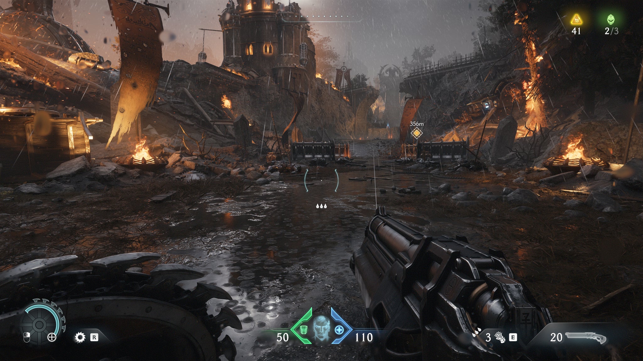 Doom: The Dark Ages with path tracing enabled - fires light up a destroyed village. - 3