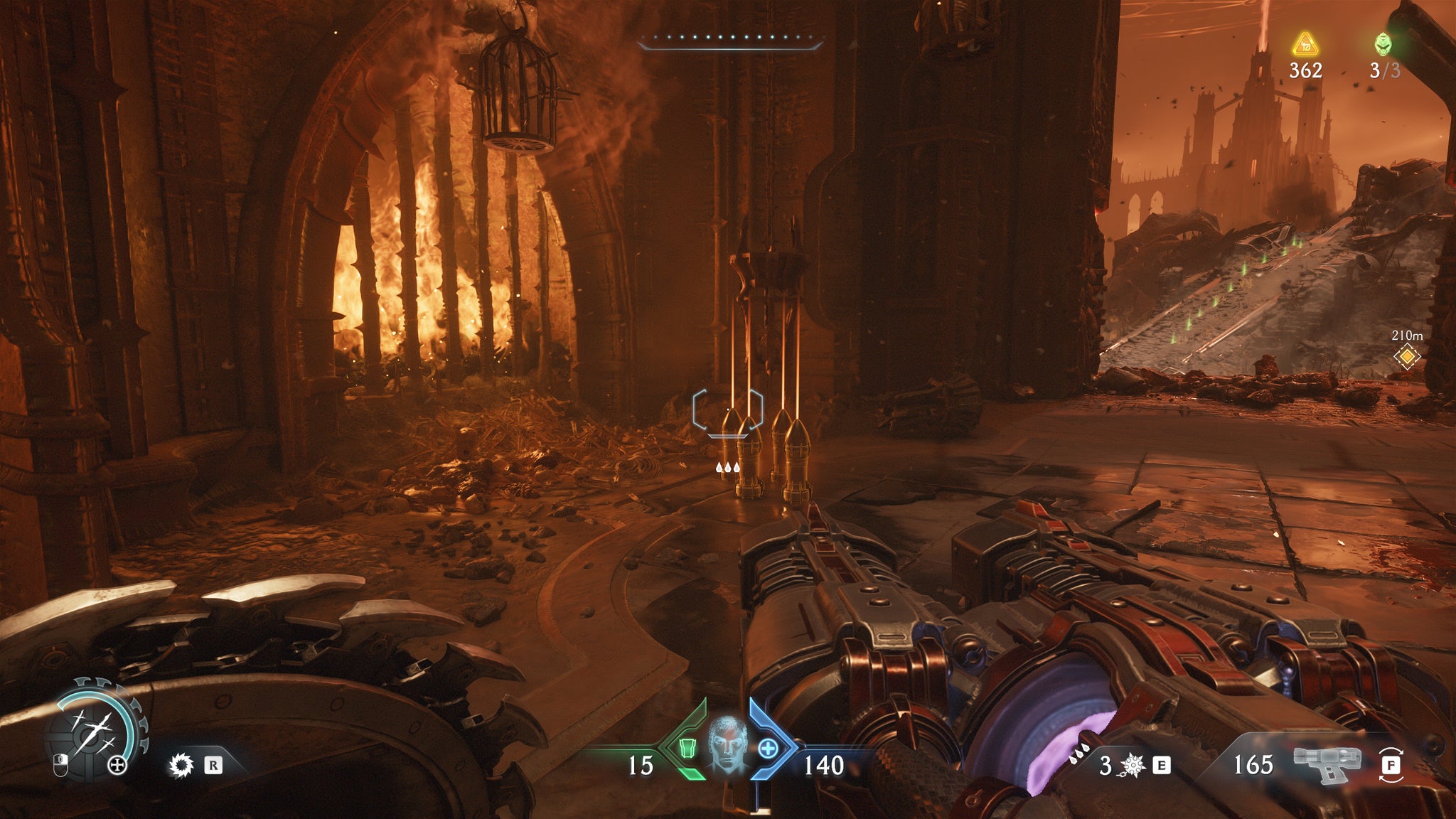 Doom: The Dark Ages with path tracing enabled - a pile of rockets sits in a flame-lit hallway. - 6