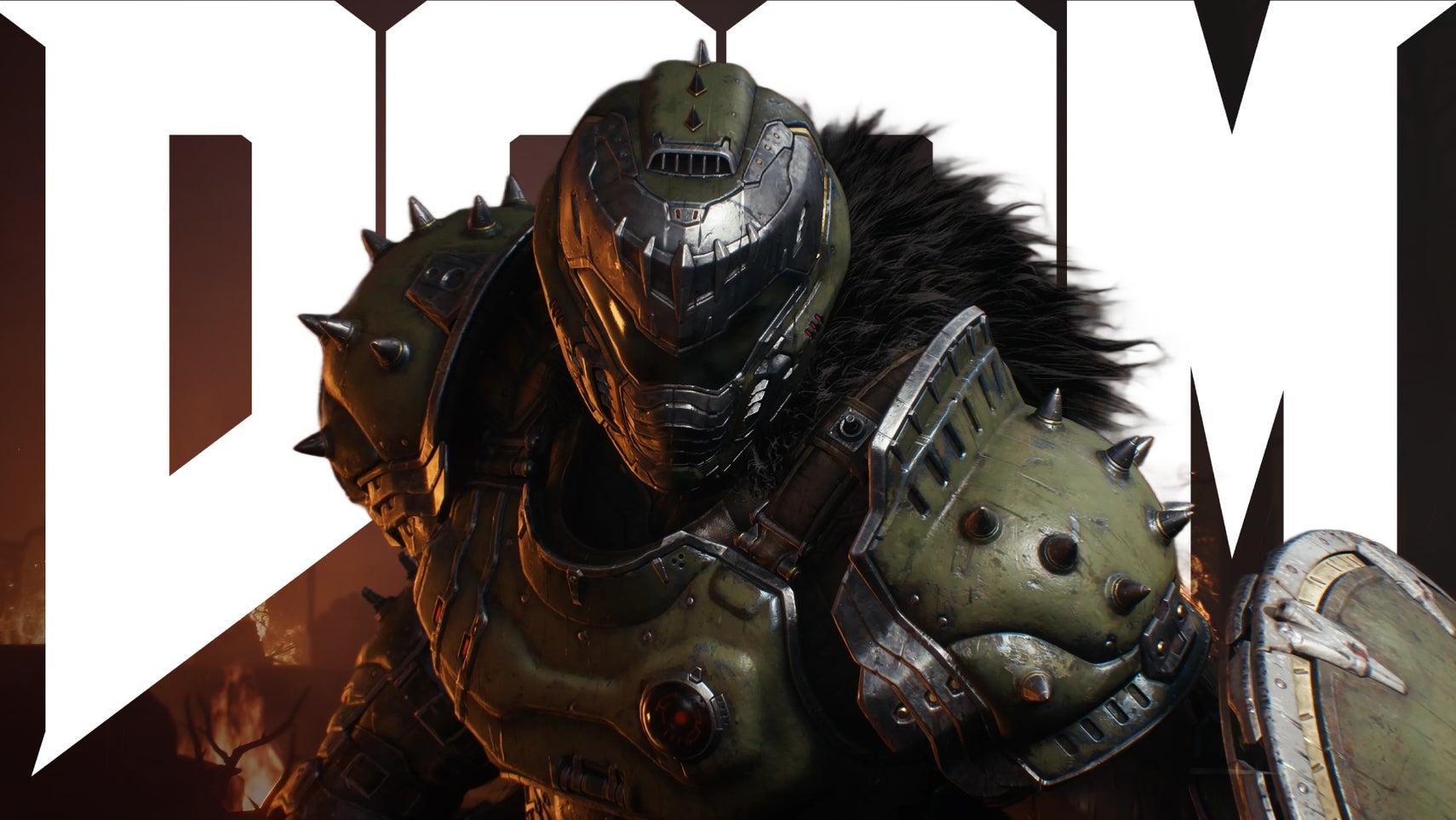 Huge DOOM text behind a Dark Ages version of the Doom Slayer - 1