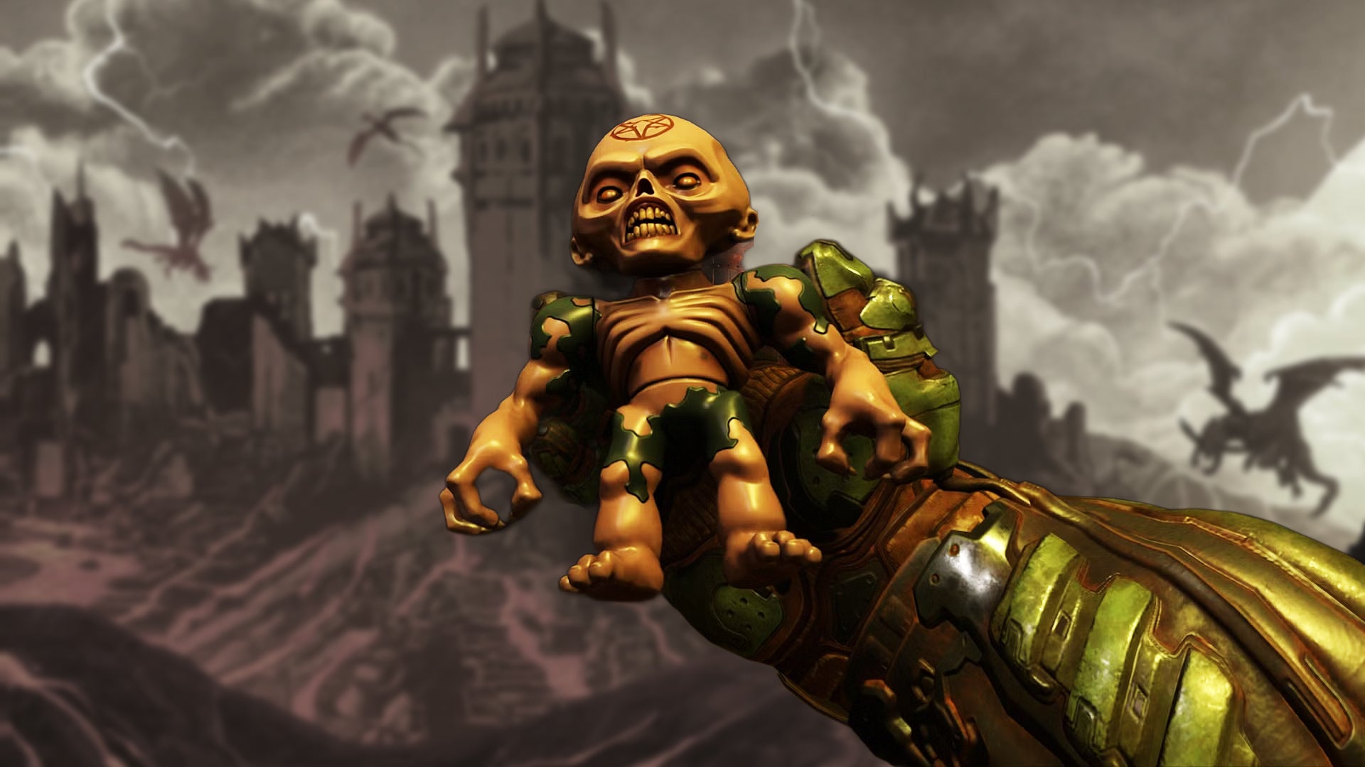 First-person view of the Doom Slayer holding a toy in his hand against the fantasy backdrop of Doom The Dark Ages - 1