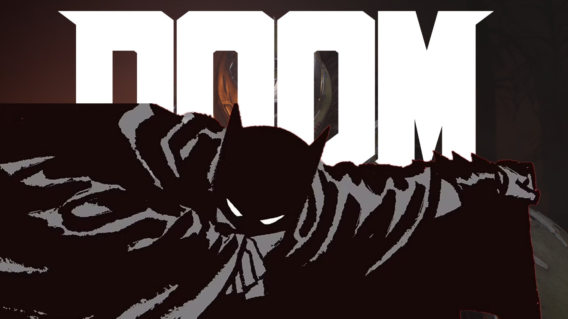 Batman, as he appears on the cover of Batman Year One, sneaks behind his cape over a big, white DOOM logo. - 1