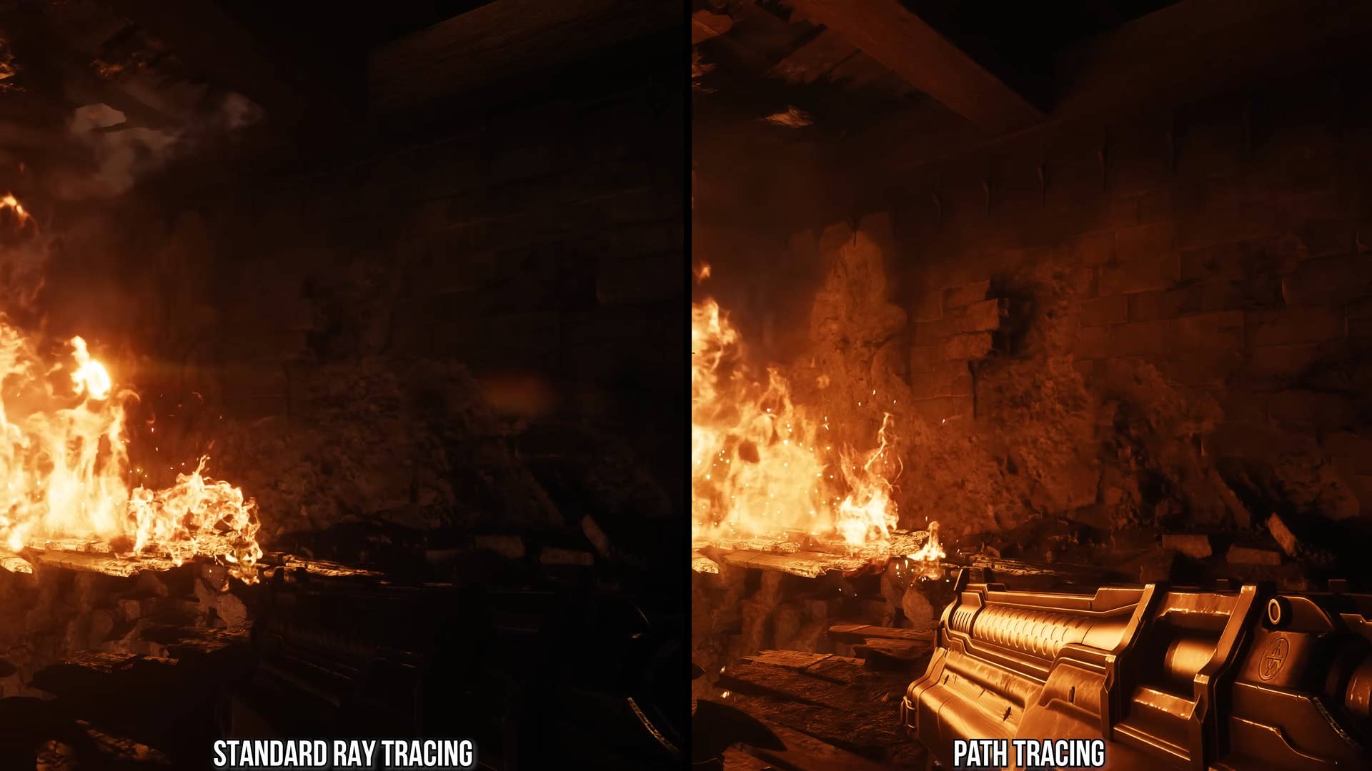 comparison of doom the dark ages running in path tracing and in standard rt, showing emissives and weapon reflections