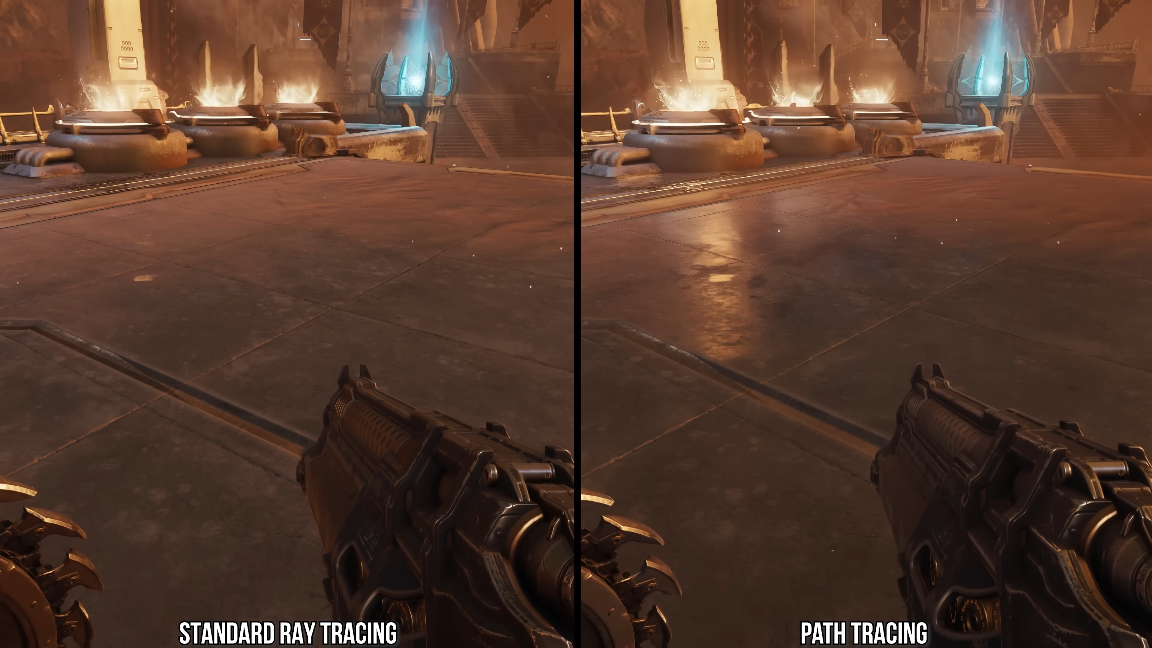 reflections in doom: the dark ages, screenshots comparing standard RT and path tracing - stone reflections