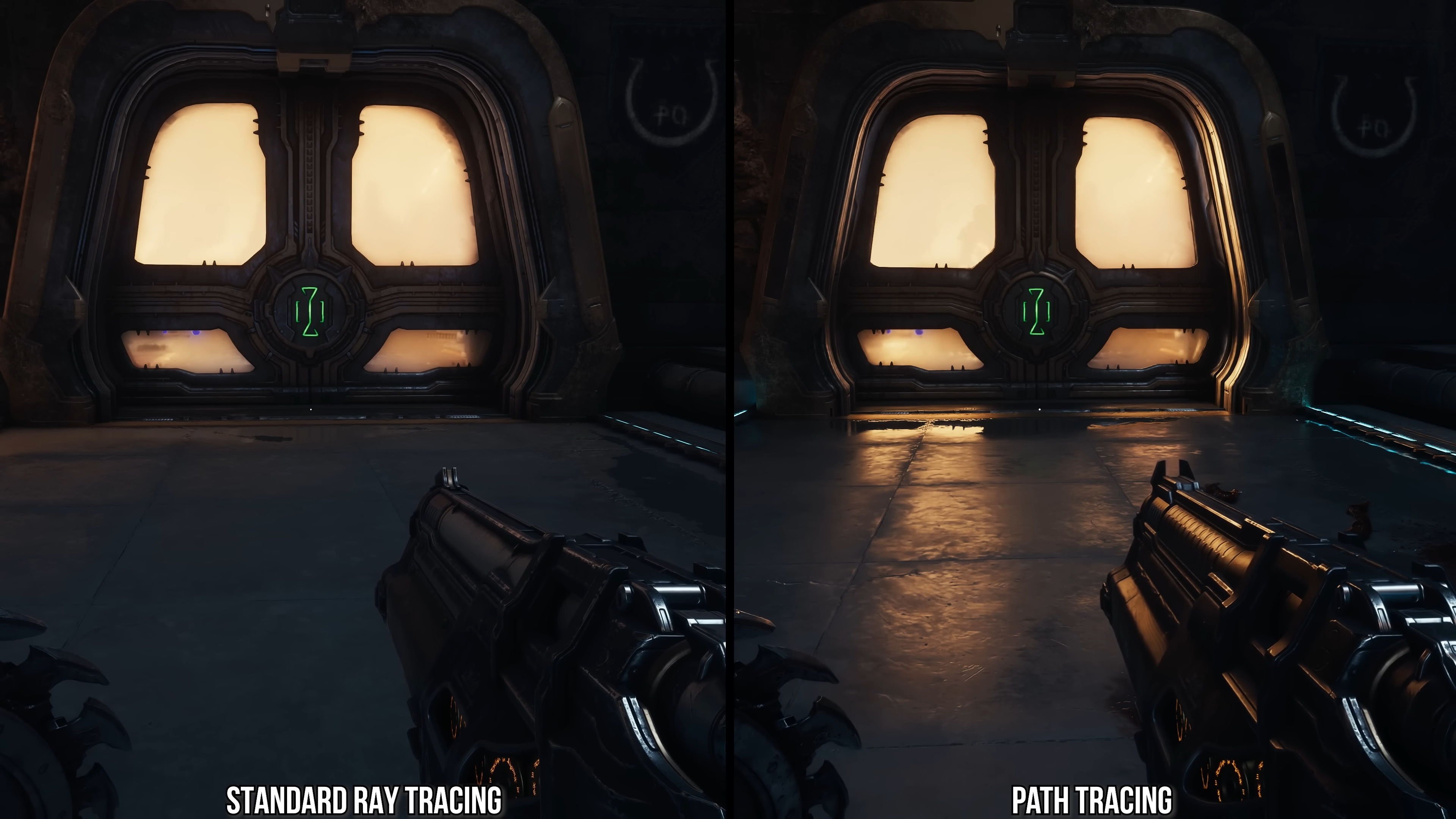reflections in doom: the dark ages, screenshots comparing standard RT and path tracing (door)