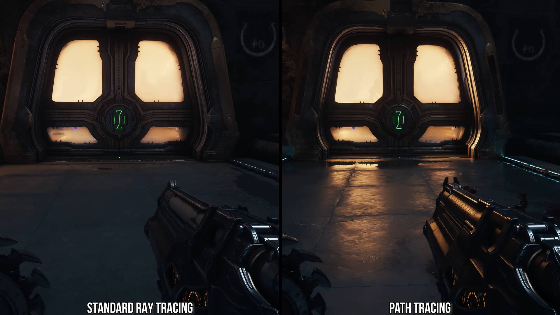 reflections in doom: the dark ages, screenshots comparing standard RT and path tracing (door)