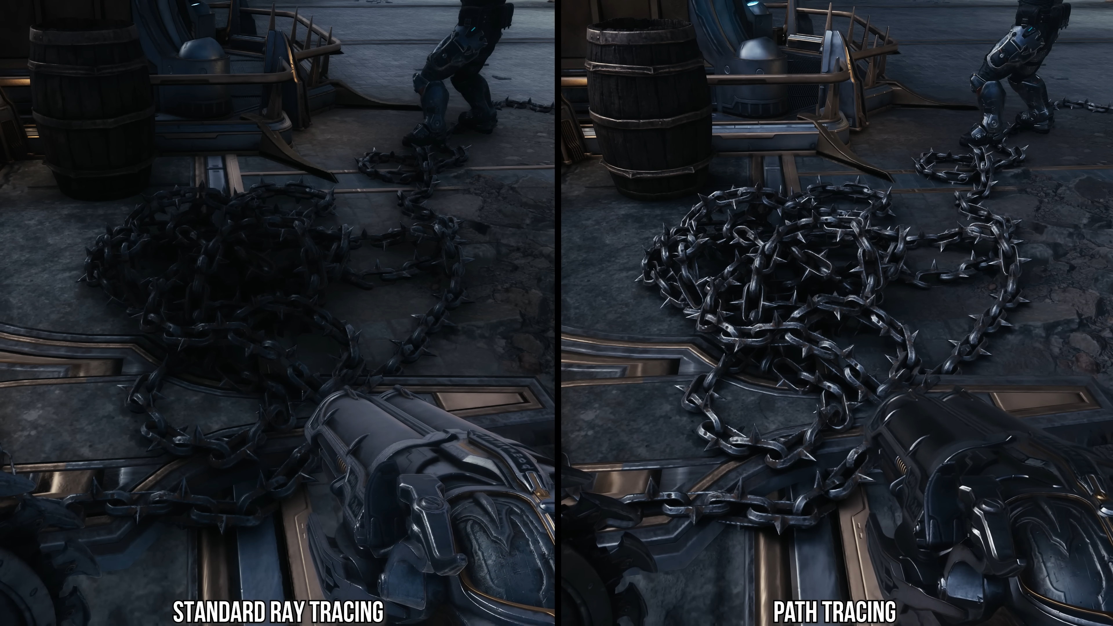 reflections/lighting in doom: the dark ages, screenshots comparing standard RT and path tracing (chains)