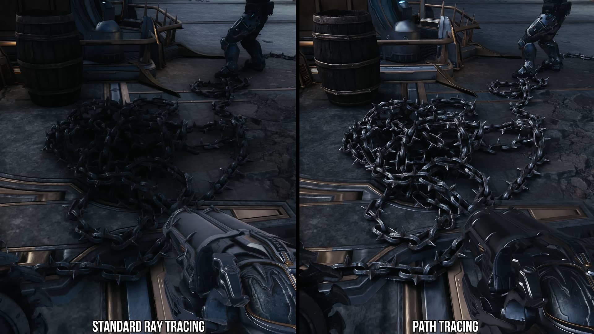 reflections/lighting in doom: the dark ages, screenshots comparing standard RT and path tracing (chains)