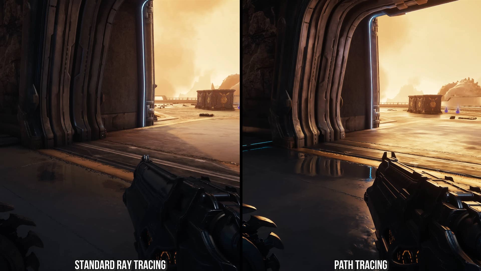 improvements to RTGI in path tracing, screenshots comparing path tracing to standard RT - doorway