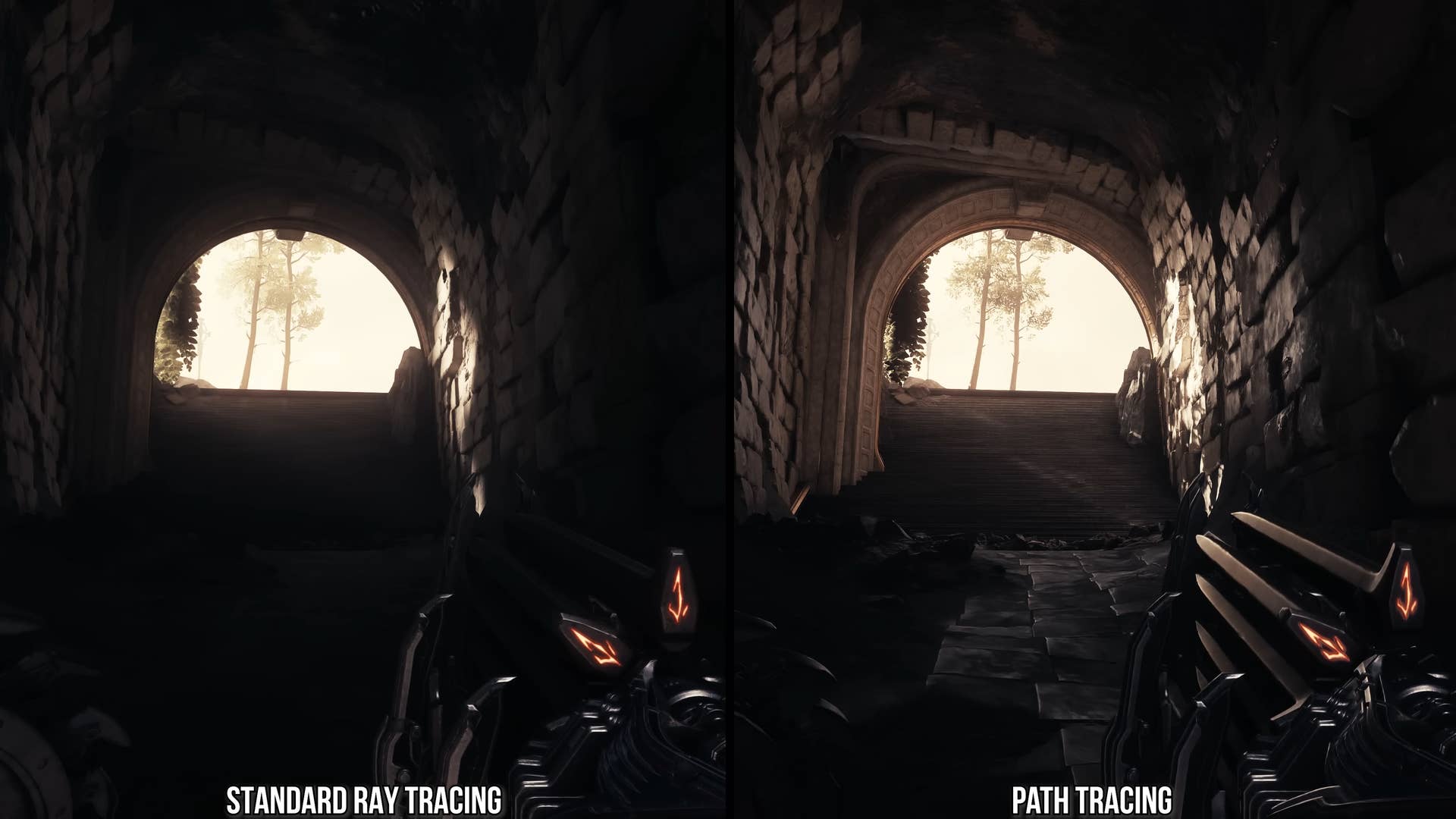 improvements to RTGI in path tracing, screenshots comparing path tracing to standard RT - steps