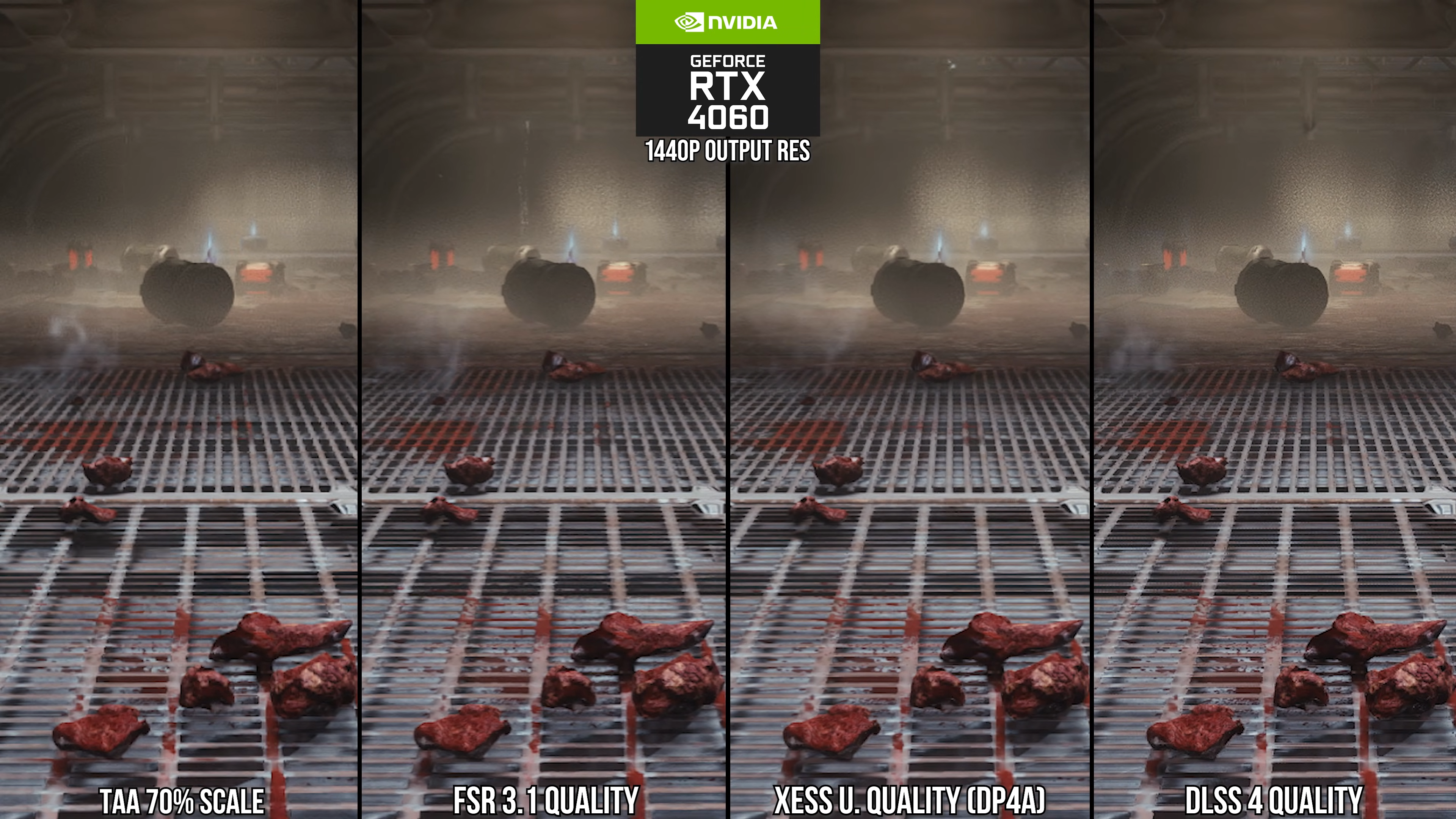Upscalers compared in Doom: The Dark Ages: TAA vs FSR vs XESS vs DLSS 4