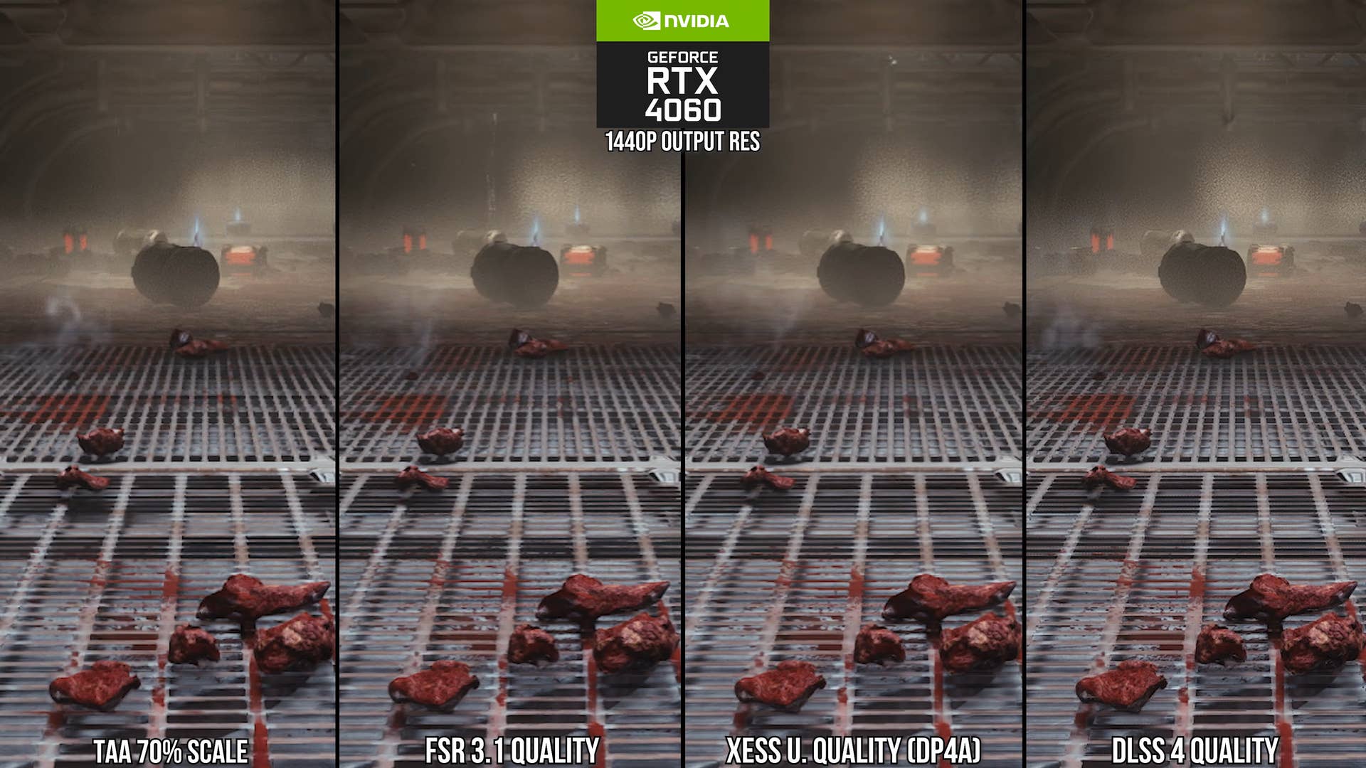 Upscalers compared in Doom: The Dark Ages: TAA vs FSR vs XESS vs DLSS 4