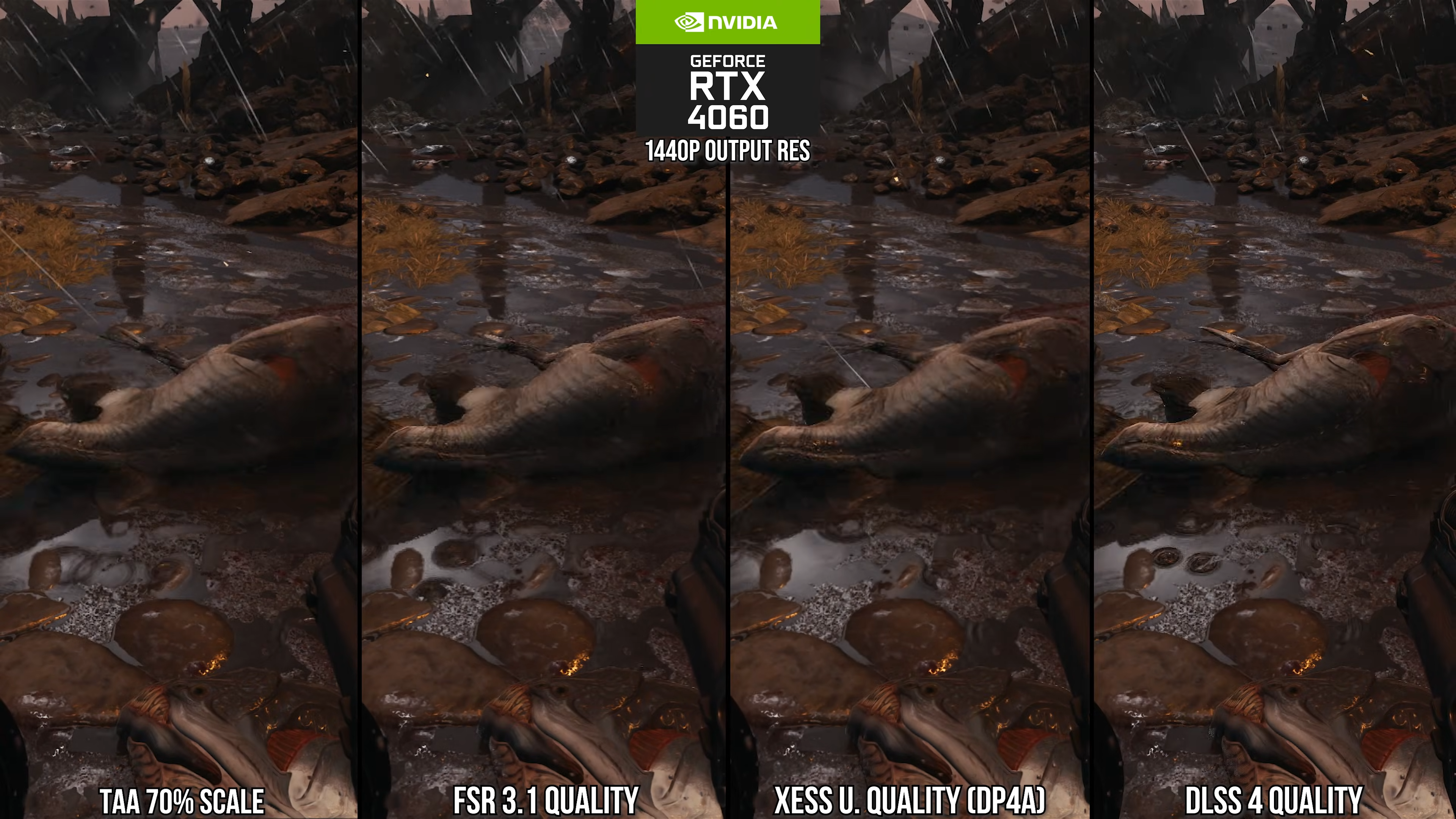 Upscalers compared in Doom: The Dark Ages: TAA vs FSR vs XESS vs DLSS 4