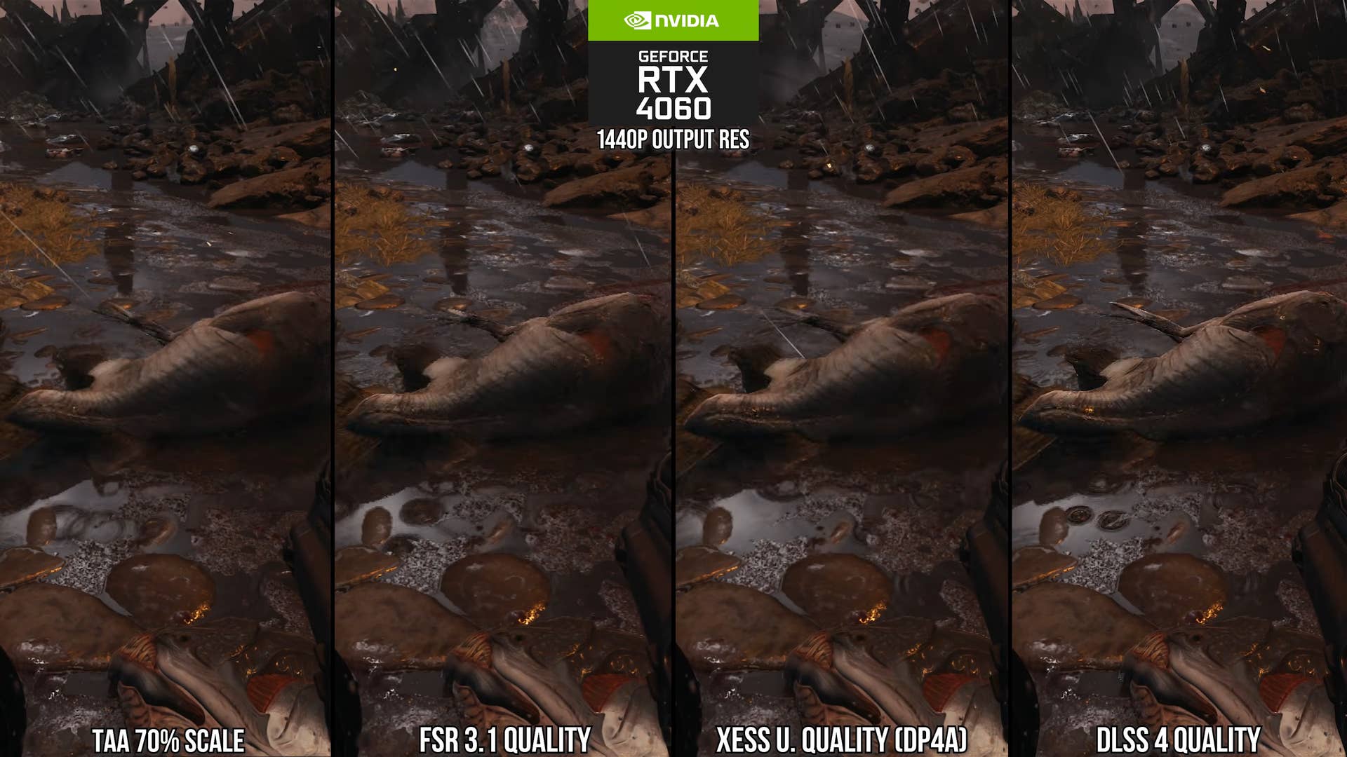 Upscalers compared in Doom: The Dark Ages: TAA vs FSR vs XESS vs DLSS 4