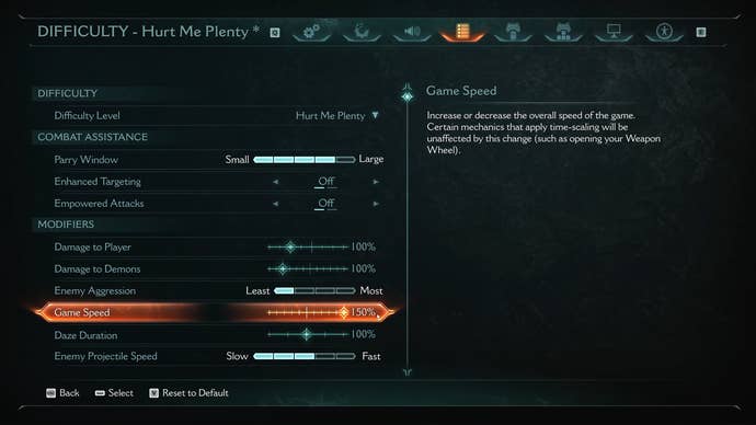 the difficulty options, with settings for player damage, demon damage, enemy aggression, game speed, projectile speed and more