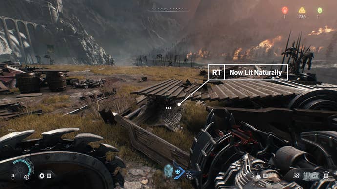 doom the dark ages screenshot - showing rtgi and physics objects interacting, with natural lighting after destruction