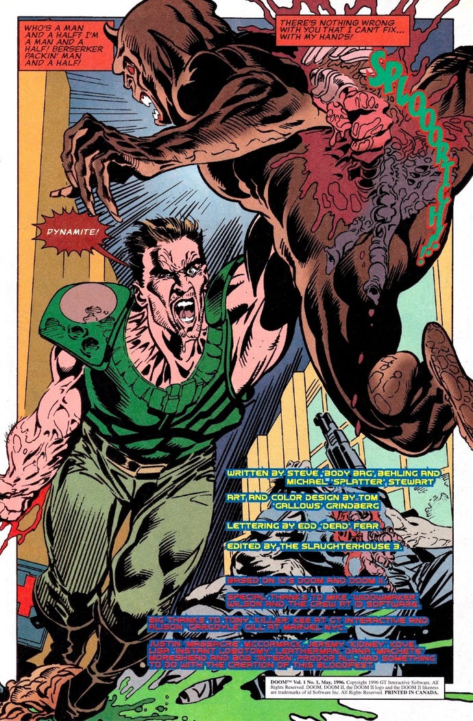 Doomguy punches an Imp in half on the very first page of the DOOM comic book.