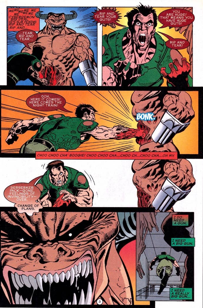 A page from the DOOM comic book, showing Doomguy screaming out “rip and tear” as he tries to punch his way through an enemy.