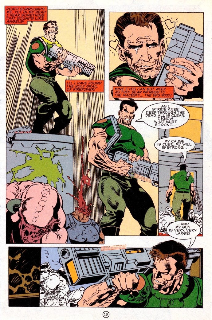 One of the last pages from the DOOM comic book, showing Doomguy literally shedding tears over his BFG.