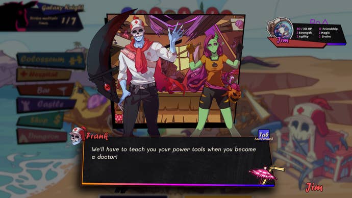 Frank speaks to the player character about power tools in Doomsday Paradise
