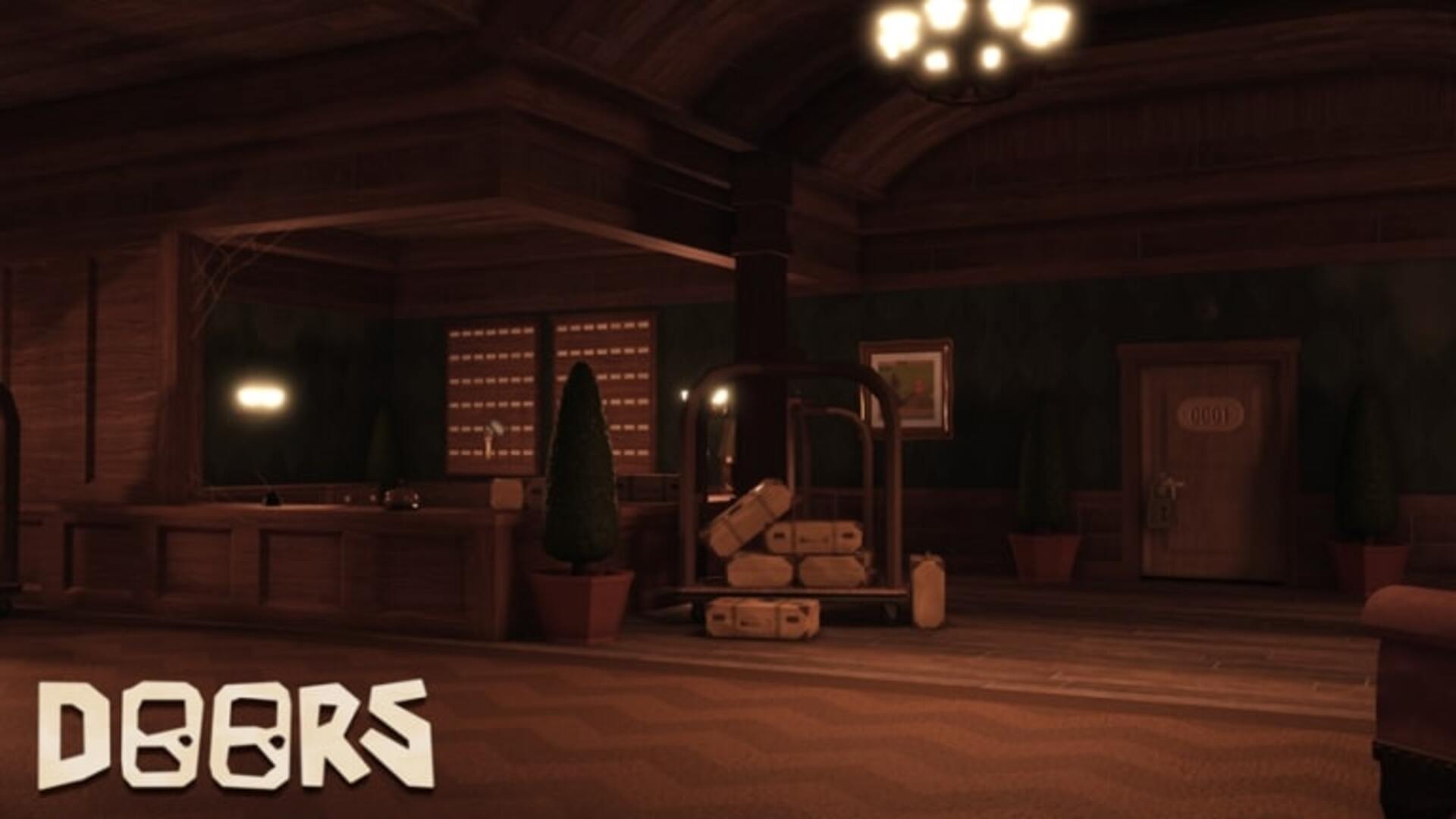 Artwork for the Roblox horror game Doors, showing a darkly lit room that's similar to a hotel entrance. - 7