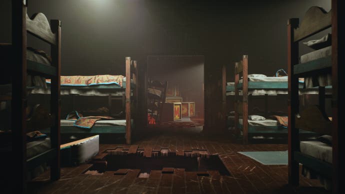 Dorm of bunk beds with hole in the floor in Poppy Playtime Chapter 3