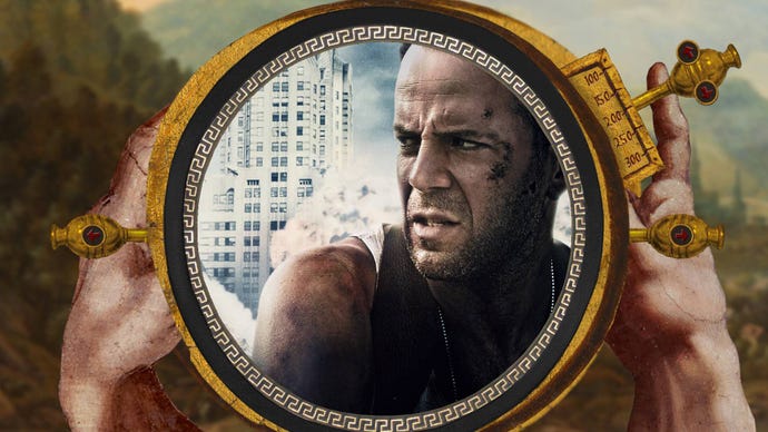 A device, rendered in Renaissance style, holds an image of the film poster for Die Hard with a Vengeance.