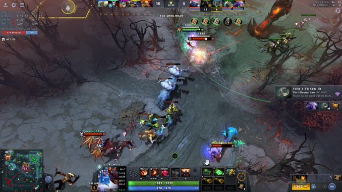 A fight in Dota 2 takes place in the mid lane with loads of Chen creeps.