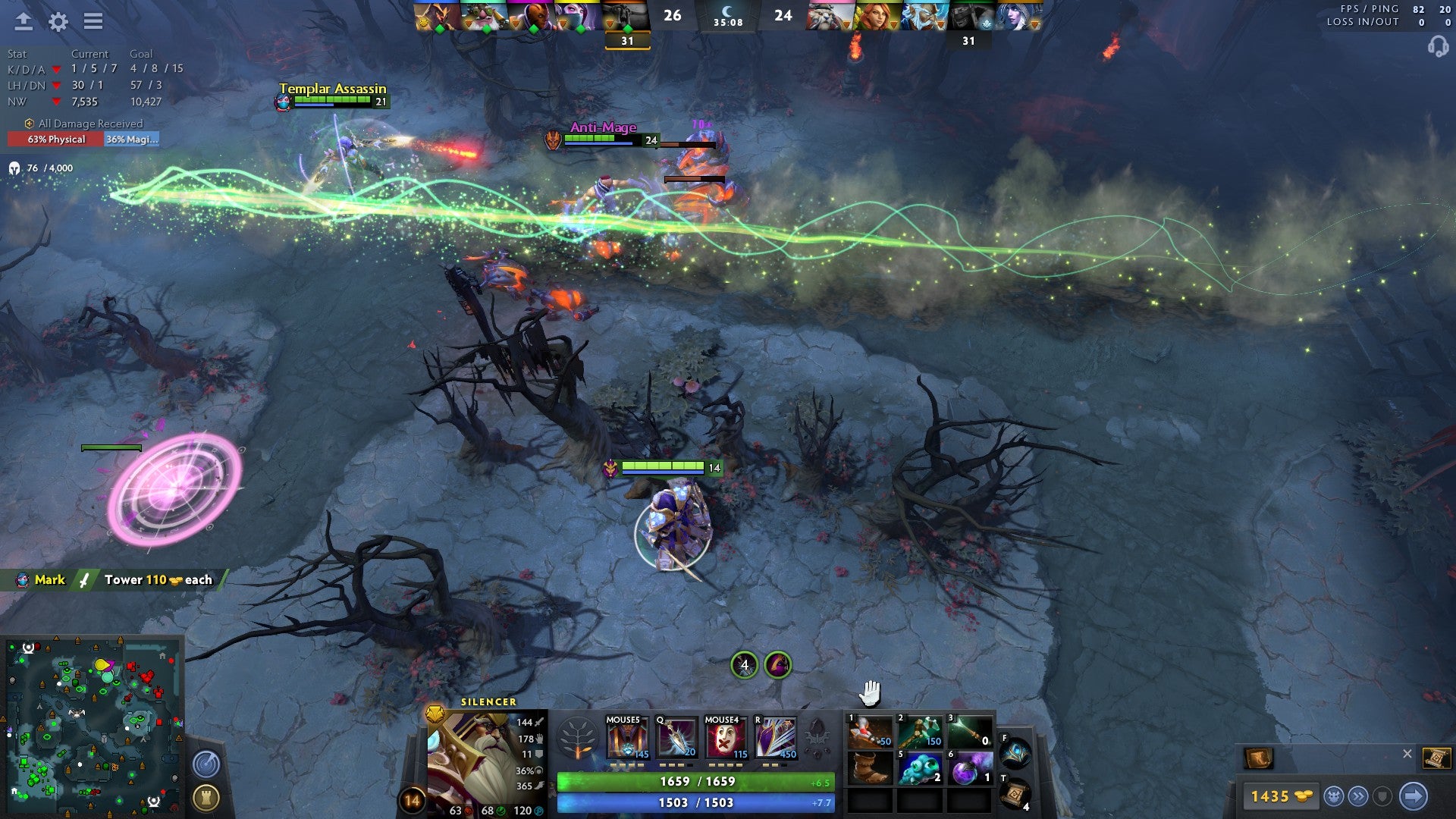 Anti-Mage and Templar Assassin get hit by a Powershot with a nice cosmetic effect.