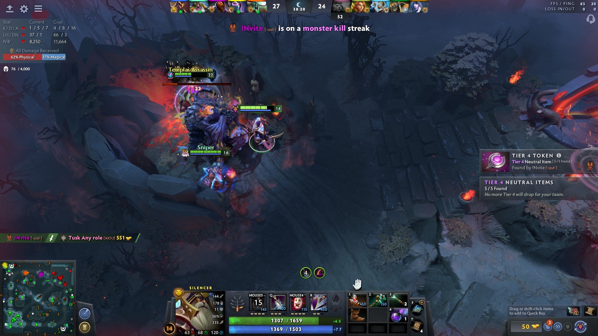 Three players kill Roshan at night time.